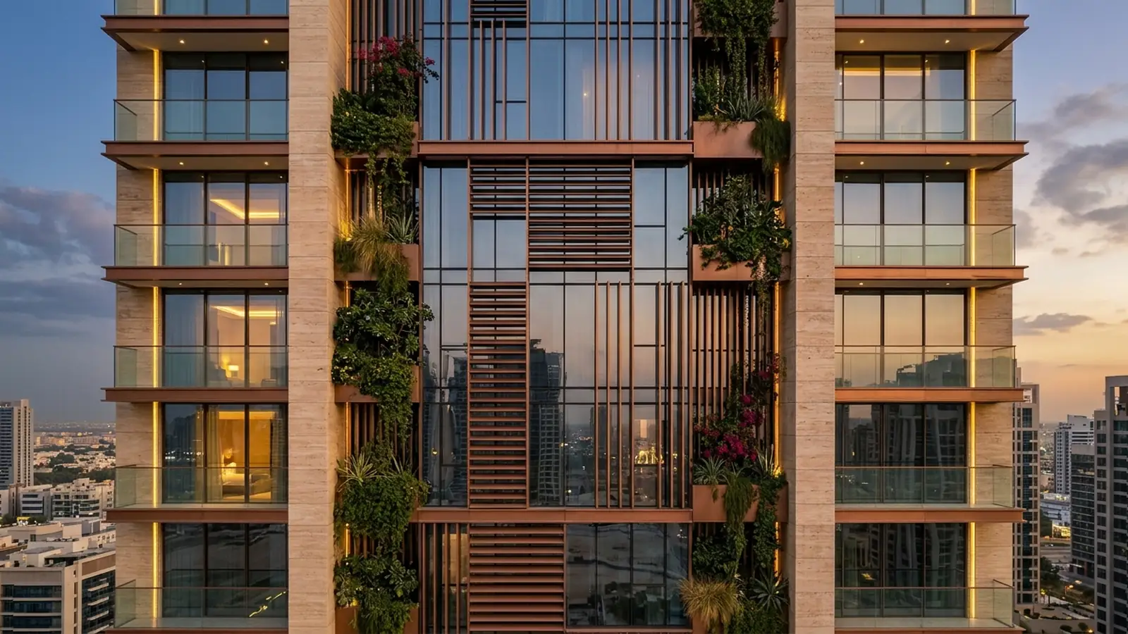 2026 DLD 5-Star Smart Rental Index rated luxury residential tower in Dubai with low-E glazing and copper solar fins